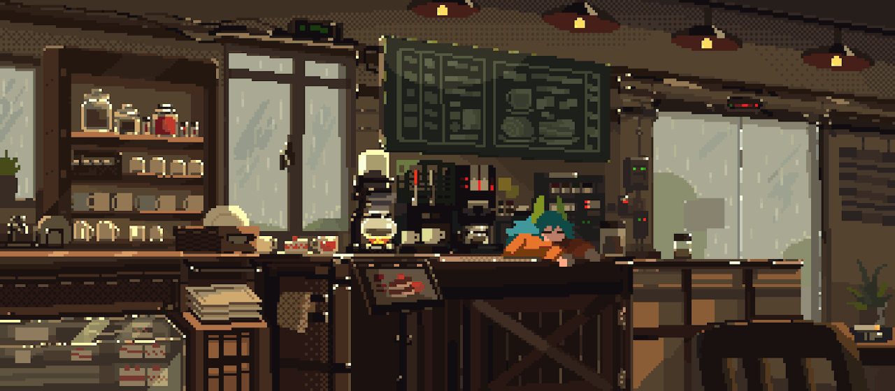 Chai Lounge server banner — pixel art cafe counter
